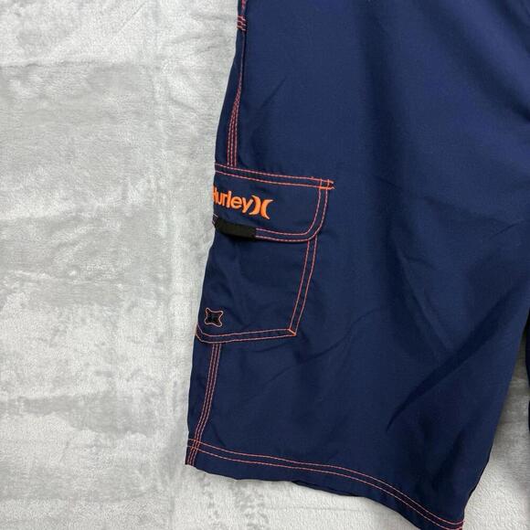 Hurley Navy Board Shorts Men Sz 34 Orange Stitch Surf Swim Trunks Pocket Beach - Picture 6 of 10